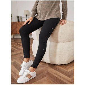 SHEIN Maternity Pearls Beaded Adjustable Elastic Waist Leggings